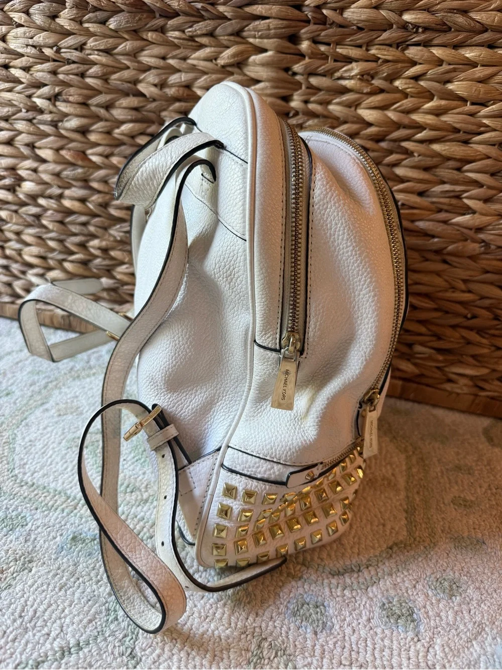 MICHAEL KORS White Leather Backpack with Gold Studs